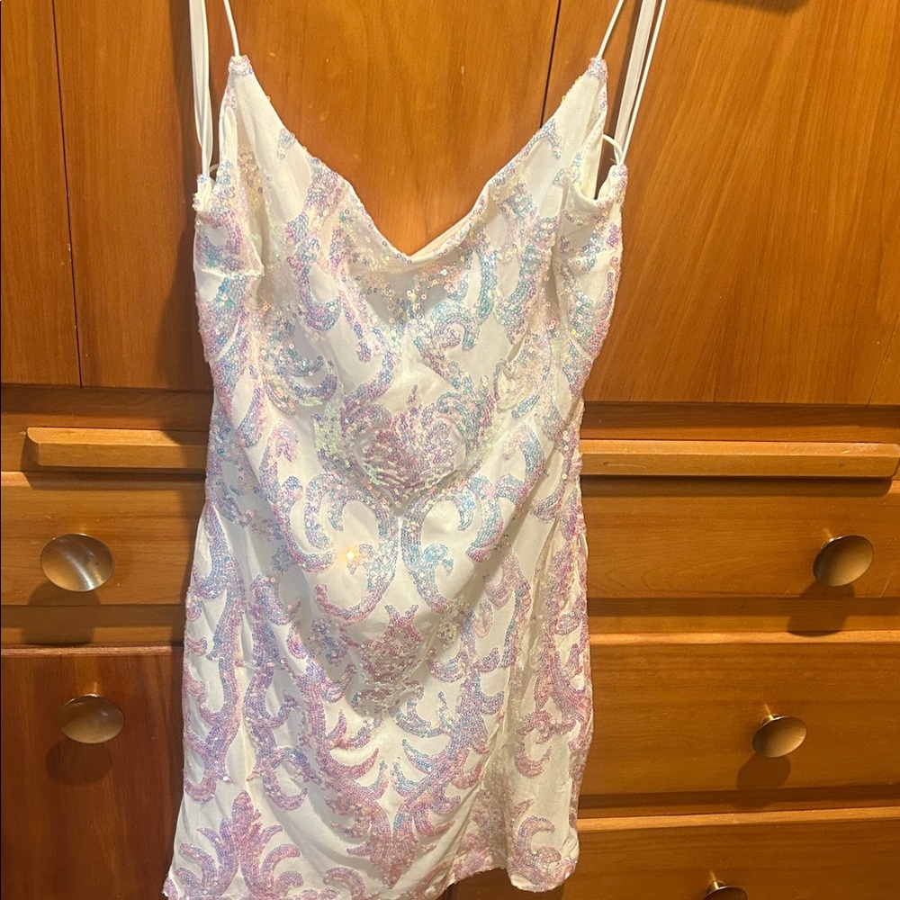 B Darlin White and Pink Sequin Backless Dress